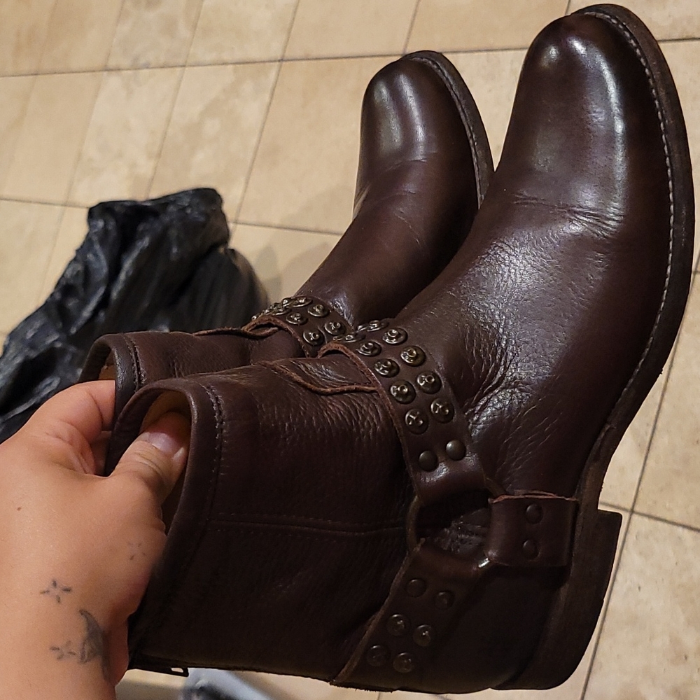 Frye Phillip Harness Brown Ankle Boots